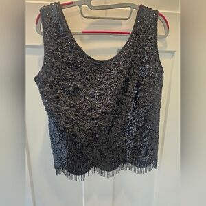 Vintage Hand Beaded Sequin Wool Tank Top L Hong Kong Black Fringe Scallop 80s 90